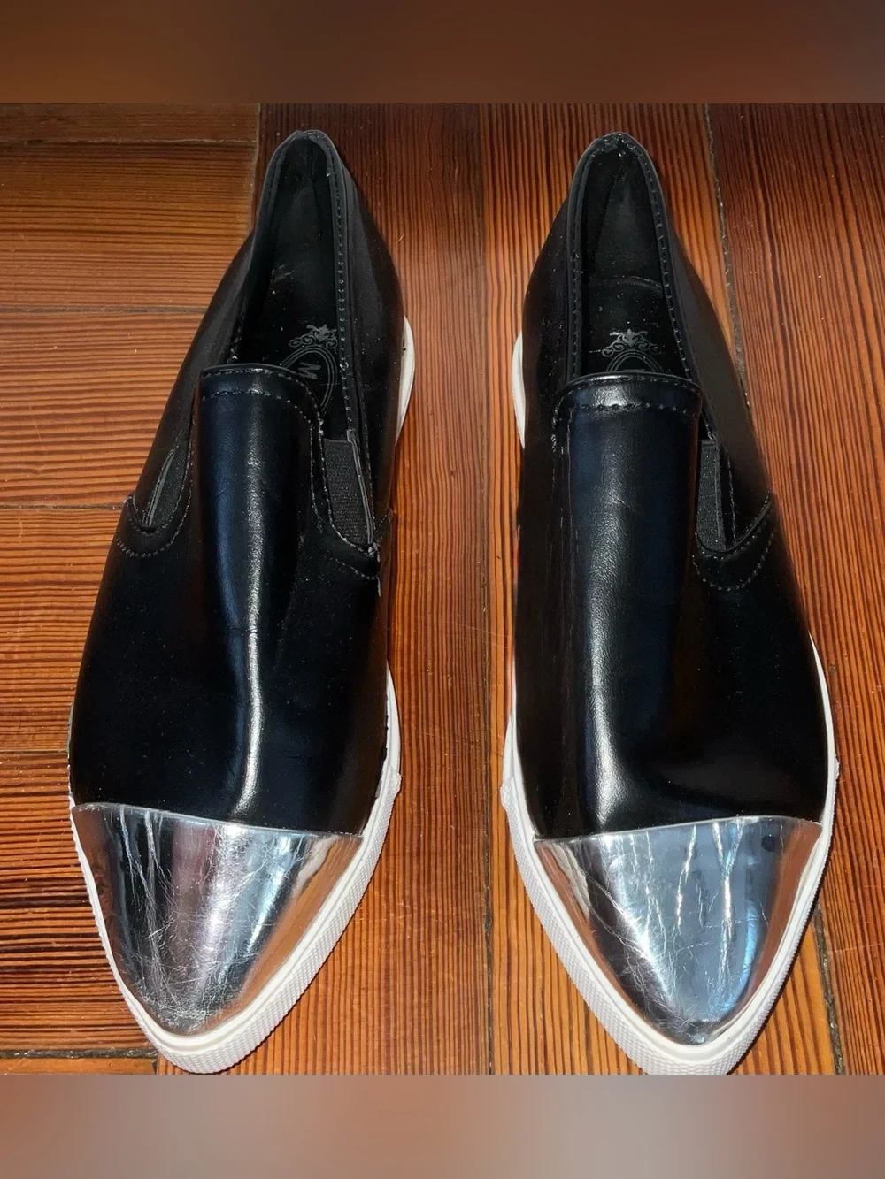Maika Black Slip-On Leather Sneakers with Silver Cap Toe